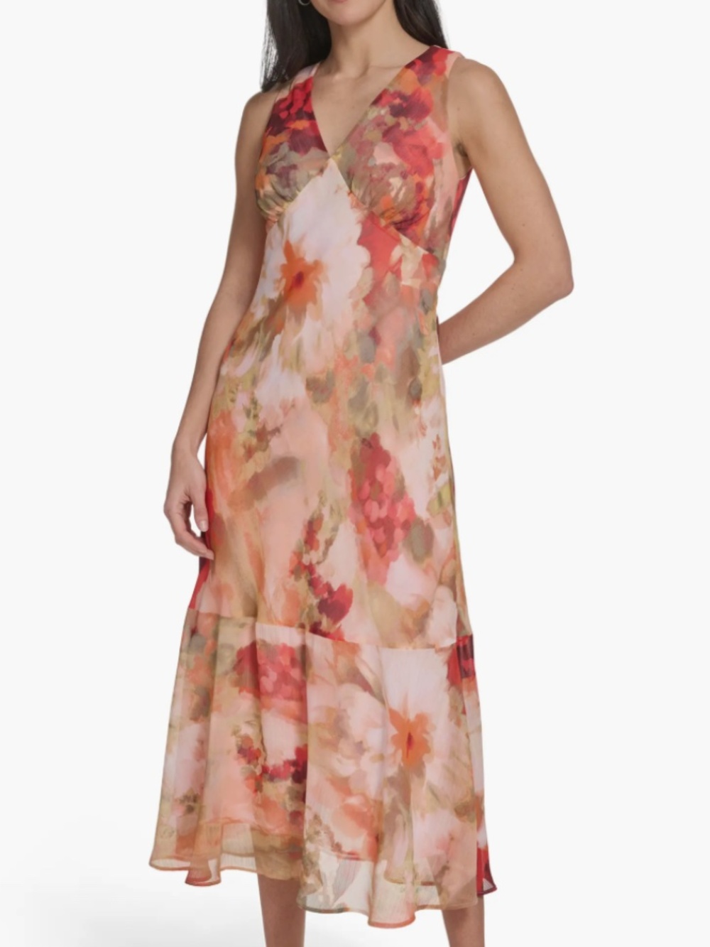 Calvin Klein Floral Sleeveless Chiffon Maxi Dress in Tango Multi